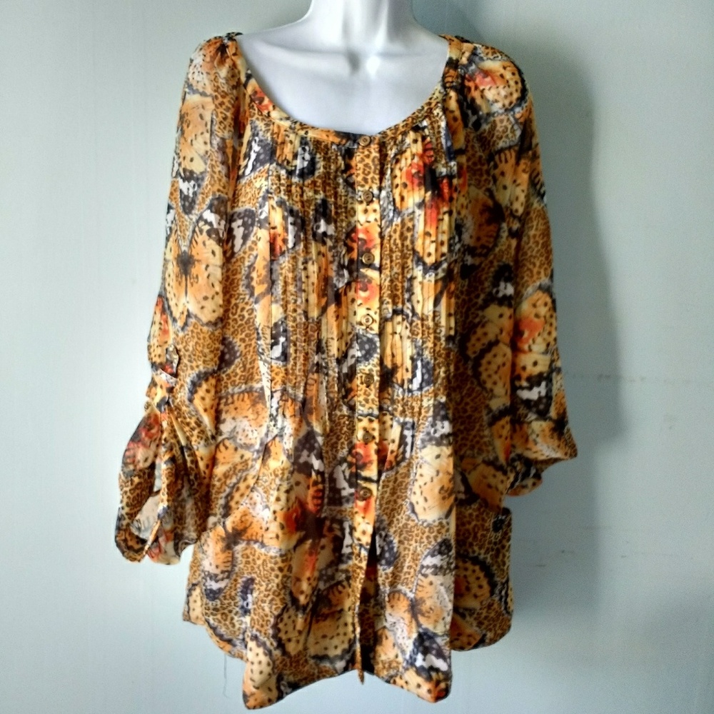 Tunic style blouse. Orange Black yellow butterfly.